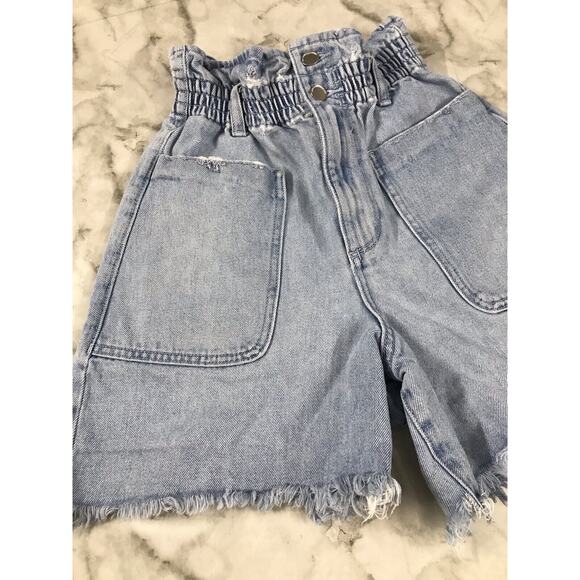 VGT ZARA Paper Bag High Rise Denim Shorts Womens 0 Button Fly BOHO Hippie - Picture 3 of 6